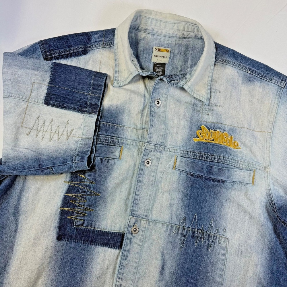 Vintage Y2k SouthPole Denim Patchwork‎ Shirt Shacket Men's Size Large